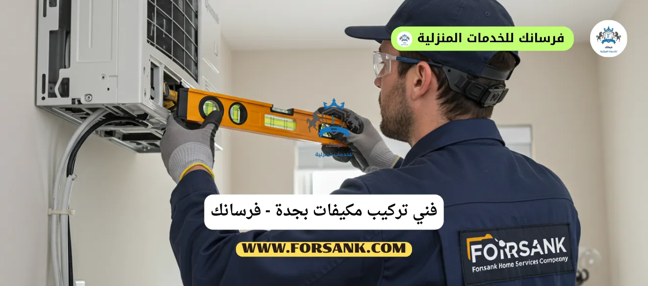 فني متخصص من فرسانك يستخدم ميزان الماء لضمان تركيب مثالي لمكيف سبليت في جدة